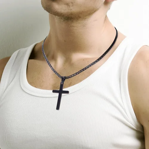 Vista 6 de Collar de cruz para hombre, collar con colgante de cruz lisa de acero inoxidable plateado y dorado para hombre, cadena cubana de 18 a 26 pulgadas