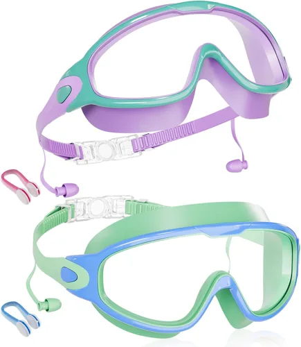 Vista 15 de Aegend Nuevo paquete de 2 gafas de natación de visión amplia para niños, gafas antivaho/anti-UV sin fugas con tapones para los oídos para niños de 3