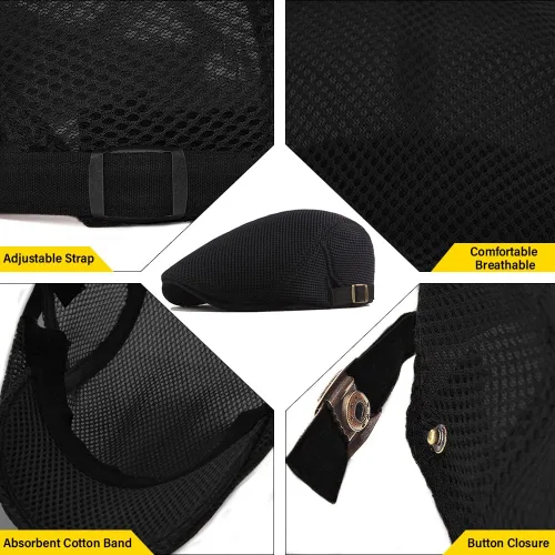 Vista 4 de meioro Gorra plana de malla para hombre, transpirable, de verano, boina, hiedra, gorra de hiedra, cabbie irlandés, Gatsby, conducción, sombreros