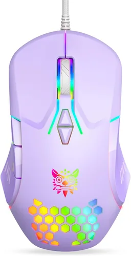 Vista 8 de Ratón con cable USB, ratón de ordenador con iluminación RGB, 4 DPI ajustables, ratón óptico ergonómico de oficina, 7 botones con cable para Rosa