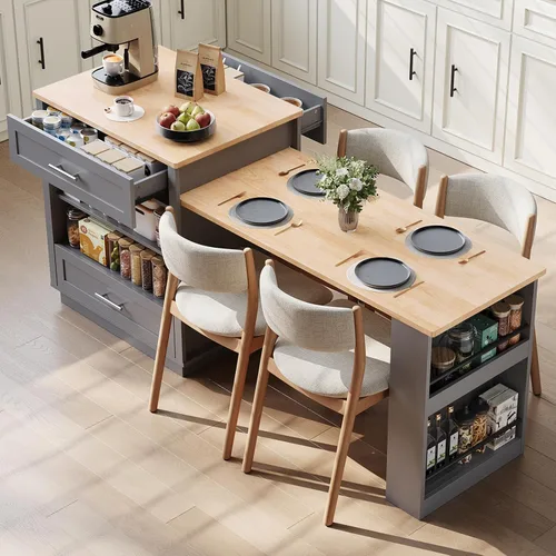 Vista 7 de ONBRILL Islas de cocina de 76 pulgadas con mesa de comedor extensible, mesa de isla para 2-4 personas con almacenamiento de doble lado, carrito