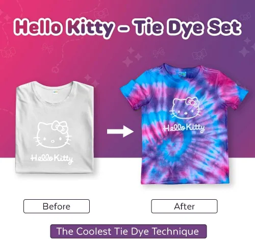 Vista 9 de Hello Kitty - Juego de teñido anudado - El juego incluye con una camiseta, 3 pinturas de colores, forro, guantes y bandas elásticas, paquete de 1