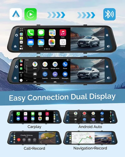 Vista 4 de Cámara de espejo retrovisor 4K con Carplay y Android Auto, cámara de salpicadero de 12" para espejo frontal y trasero con control de voz para coches