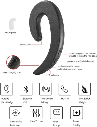 Vista 3 de 3C Light Auriculares inalámbricos Bluetooth con gancho para la oreja, sin dolor, con micrófono, ligeros sin conducción ósea para teléfono celular