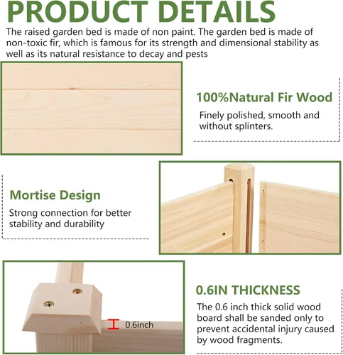 Vista 5 de FDW Jardinera elevada de 3 niveles para exteriores, jardinera de madera de 48 x 48 x 29 pies, con secciones divididas, base abierta para verduras