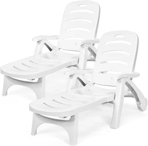 Vista 10 de Tangkula Tumbona para exteriores, silla reclinable ajustable de 5 posiciones con ruedas integradas, resistente a la intemperie, plegable, para Gris