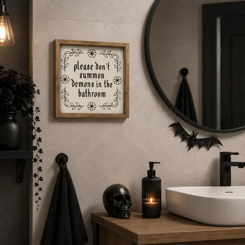 Vista 7 de flangairy Letrero de madera de 11.8 pulgadas con texto en inglés «Please Don't Summon Demons In The Bath», decoración de pared de baño de madera