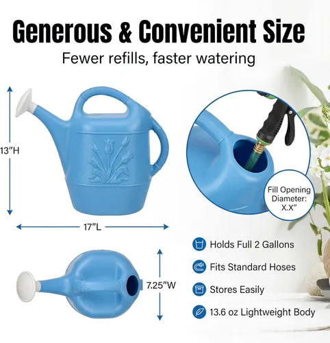 Vista 3 de PMU Regadera de 2 galones, regadera de jardín para plantas de interior y exterior, lata de agua de plástico con cabezal de rociador desmontable Azul