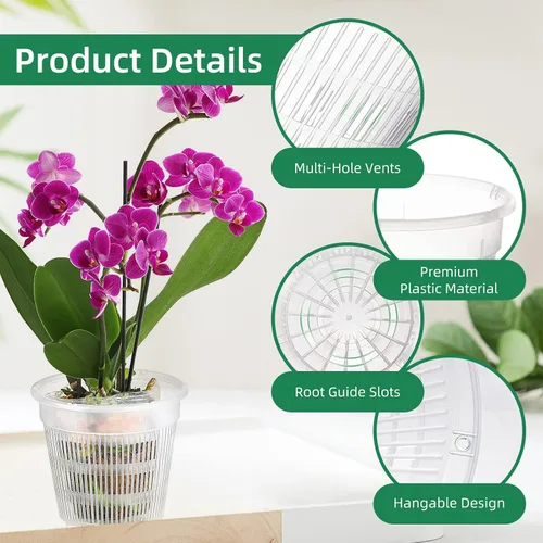 Vista 4 de Maceta de orquídeas de 4 pulgadas con agujeros, 12 macetas de plástico transparente para orquídeas, ranuradas para trasplantar red transparente