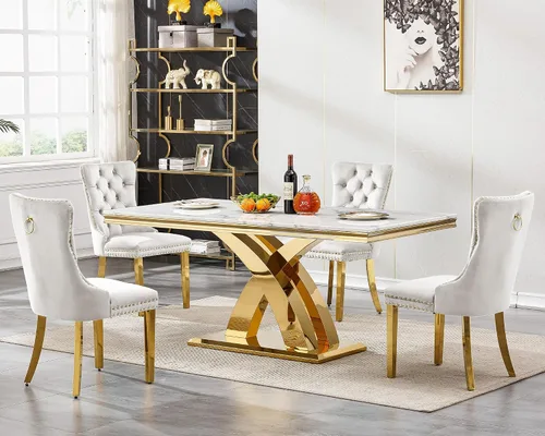 Vista 27 de Juego de mesa de comedor de 5 piezas para 4, mesa de cocina de mármol negro de 68 pulgadas con 4 sillas beige, mesa de comedor rectangular moderna