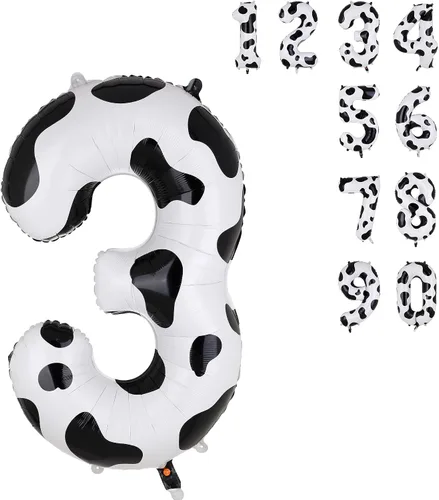 Vista 13 de Globos con estampado de vaca de 40 pulgadas, globo de número 0 blanco y negro con temática de vaquera, suministros de decoración de fiesta