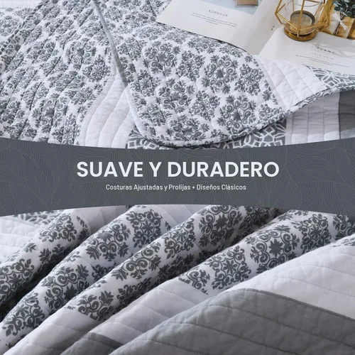 Vista 5 de SahSahCasa Juego de edredón, tamaño Queen, juego de ropa de cama 100% algodón, colcha reversible ligera con diseño floral de patchwork para cama