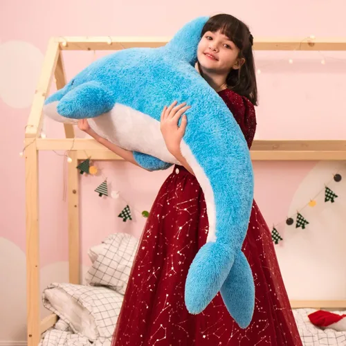 Vista 3 de MorisMos Animales de peluche gigantes de delfín de 55 pulgadas, juguete de peluche grande de delfín azul suave, regalos marinos de océano para niños