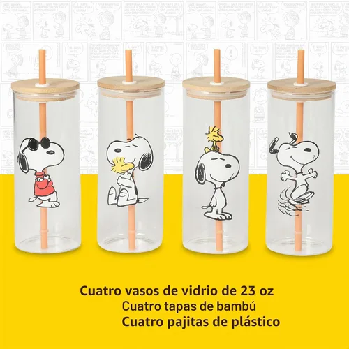 Vista 3 de Peanuts Snoopy Happy Sips Juego de 4 Vasos de 23 OZ con 4 Tapas de Bambú y 4 Pajitas, Café Helado, Batido, Vaso de Agua - Apto para Lavavajillas