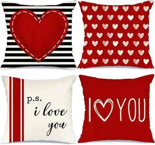 Vista 9 de GEEORY Juego de 4 fundas de almohada para el día de San Valentín de 18 x 18 pulgadas para decoración de San Valentín, diseño de rayas rosas