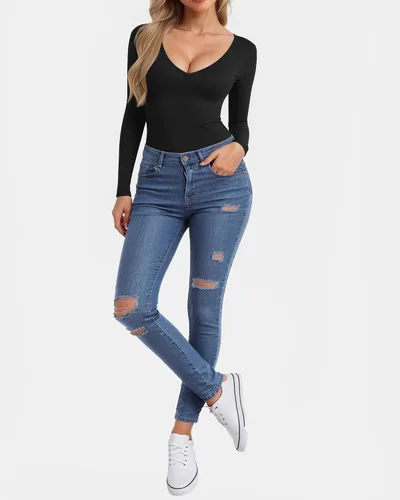Vista 4 de CLOZOZ V Neck Tops Sexy Shirts for Women Fitted Tight T Shirts Basic Tee