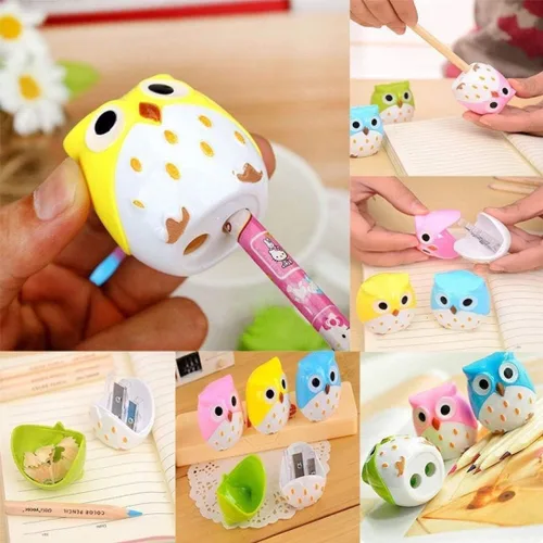 Vista 3 de Sacapuntas de doble agujero, diseño de animales de dibujos animados, búho, cuchillo creativo kawaii, suministros escolares, manual grande, accesorio