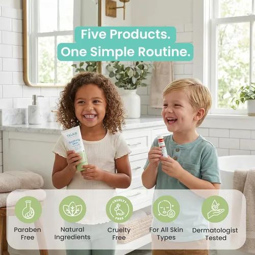 Vista 8 de TruKid Bath Baby Essentials, juego de cuidado de la piel para niños, eucalipto de baño de burbujas para niños, bálsamo Hero Stick, loción calmante