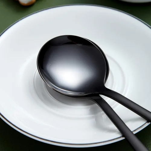 Vista 6 de Berglander - Juego de 4 cucharas de sopa negras de acero inoxidable chapado en titanio de 7.5 pulgadas, cucharas redondas brillantes, juego