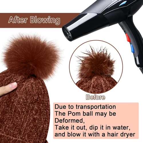 Vista 6 de KIDPAPA Gorro de invierno para mujer con forro polar suave cálido gorro de punto con pompón