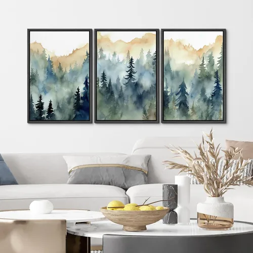 Vista 4 de MUDECOR Lienzo enmarcado para pared, juego de arte de acuarela pastel, bosque de pinos, naturaleza silvestre, ilustraciones modernas, decorativas