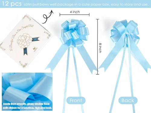 Vista 2 de HUIHUANG Lazos Azules para Envolver Regalos 12 PCS Lazos Azules Bebé de Tirón de 4 Pulgadas de Satén para Regalos, Cesta de Regalo, Bolsa de Papel