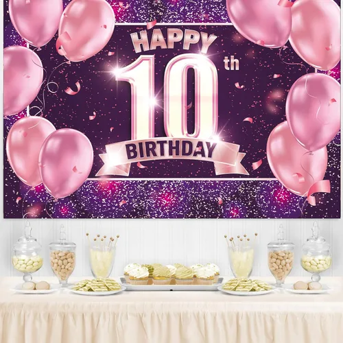 Vista 4 de Decoraciones de fondo de feliz cumpleaños 10 para niñas, pancarta de fondo rosa, morado y dorado Cartel de fondo de fotos de feliz 10 cumpleaños