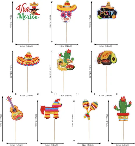 Vista 3 de Paquete de 40 adornos para cupcakes de fiesta de cactus, burro, maraca, sombrero, pimienta, guitarra, magdalenas, para fiesta mexicana, baby shower