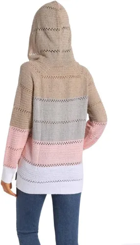 Vista 6 de Sudaderas con capucha de punto de bloque de color para mujer, cuello en V, cordón ligero, sudaderas con cremallera