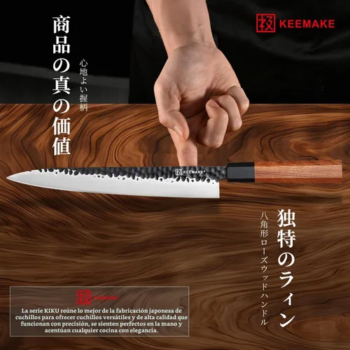 Vista 4 de KEEMMAKE Cuchillo de Sushi Japonés Cuchillos de Sashimi 10 Pulgadas, Cuchillo Yanagiba de Acero Inoxidable 440C, Cuchillos de Chef de Cocina