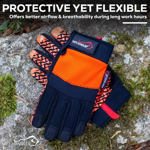 Vista 3 de SAFE HANDLER Guantes Super Grip Palma de agarre texturizada, textura antideslizante, correa de muñeca con gancho y bucle, negro/naranja, S/M, 1