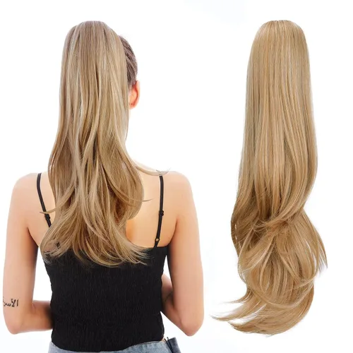 Vista 32 de Extensión de Cola de Caballo, Extensión de Cabello con Garra Larga de 20", Piezas de Cabello Sintético Ondulado Liso con Clip en Peluca de Cola