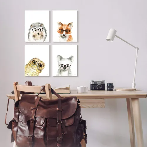 Vista 2 de Stupell Industries Adorables animales del bosque con gafas, búho zorro, diseño de Mercedes Lopez Charro, arte de pared en lienzo de 4 piezas, 16 x