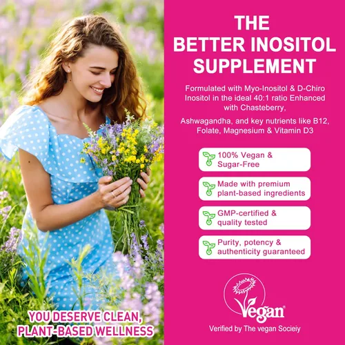 Vista 3 de Gomitas de inositol para mujer + Chasteberry, Myo-Inositol y D-Chiro Inositol 2000mg + 50mg Proporción ideal 40:1 con B12 metilado y folato, colina