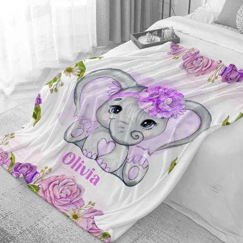 Vista 6 de Manta de franela personalizada con nombre de elefante bebé para niñas y niños, regalo divertido y significativo para todas las estaciones