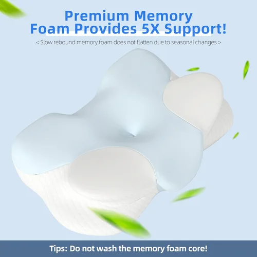 Vista 6 de Cervical Memory Foam Pillow, Ergonomic Contour Support for Neck Pain Relief Blue and White