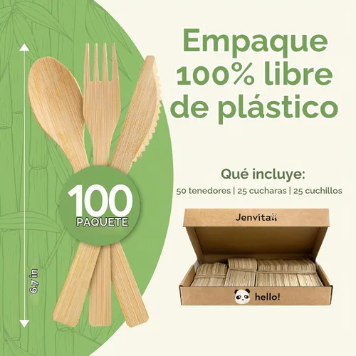 Vista 3 de Juego de cubiertos 100% de bambú - Juego de 100 cubiertos compostables