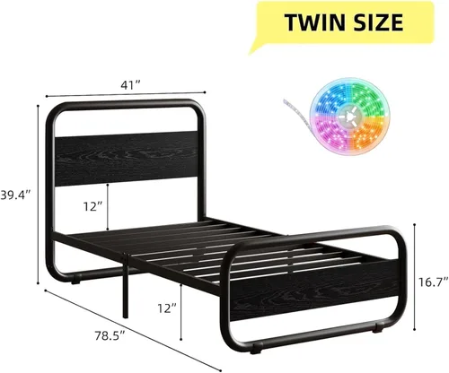 Vista 2 de Catrimown - Marco para cama individual con luces LED, marco de cama plataforma individual resistente de metal rústico con cabecera de madera Negro