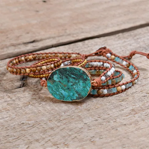 Vista 5 de Ygline Pulsera bohemia hecha a mano, con piedra de cristal, envolvente, de cuero, para mujer