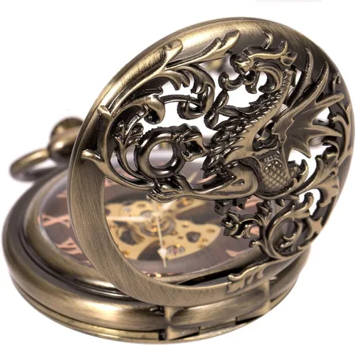 Vista 3 de Carrie Hughes Men Mechanical Pocket Watch with Chain Lucky Dragon Steampunk Skeleton Hunter Double Open in Box CHPW10
