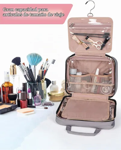 Vista 5 de BALHLHG - Neceser para mujer con gancho para colgar, organizador de maquillaje de viaje mediano, bolsa de artículos de tocador cosméticos resistente