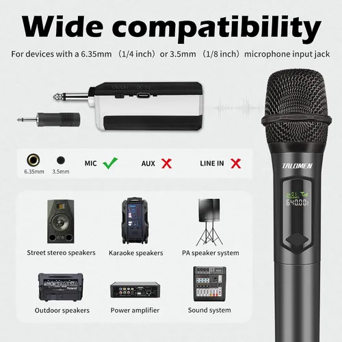 Vista 2 de talomen Micrófonos inalámbricos, micrófono dual profesional de karaoke para cantar, sistema de micrófono dinámico inalámbrico de mano con receptor