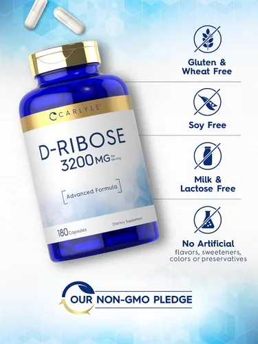 Vista 4 de Carlyle D-Ribosa Cápsulas 3200mg 180 pastillas Fórmula avanzada Suplemento sin OMG y sin gluten