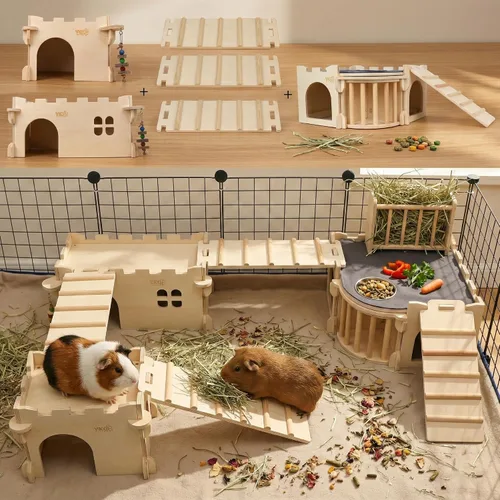 Vista 8 de Casa Castillo YKD para Chinchilla, Escondite de Animales Pequeños para Chinchilla, Conejo, Erizo o Ratón, Hábitat Ventilado de Madera para Conejo