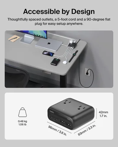 Vista 5 de Belkin GaN Estación de carga de 70 W, cargador USB C dual 7 en 1 con 3 salidas de CA, 2 puertos USB A, regleta de alimentación para iPhone, Apple