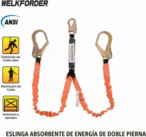 Vista 2 de Cordón de seguridad de doble pierna de 6 pies para amortiguador de consturción Cordón elástico con conectores de gancho de presión y barras
