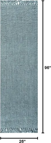 Vista 2 de JONATHAN Y Alfombra de pasillo tejida a mano con flecos de yute azul claro/gris, 2 x 8 pulgadas, pata, bohemio, rústico, cabaña, fácil limpieza