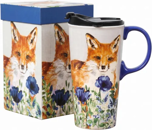 Vista 9 de Taza de viaje de cerámica de 17 onzas con tapa y caja de regalo, taza de café cardenal de arte popular, taza de té de porcelana de pájaro
