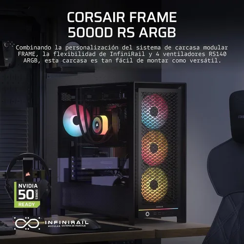 Vista 2 de Caja CORSAIR Frame 5000D RS ARGB modular de alta flujo de aire semitorre para PC – 4 ventiladores RS ARGB preinstalados, sistema de montaje