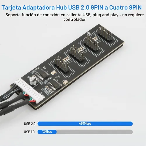Vista 4 de Divisor de cabecera USB de 9 pines con cable de alimentación SATA, cable divisor USB 2.0 de 9 pines, USB macho 1 a 4 hembra, conector de extensión